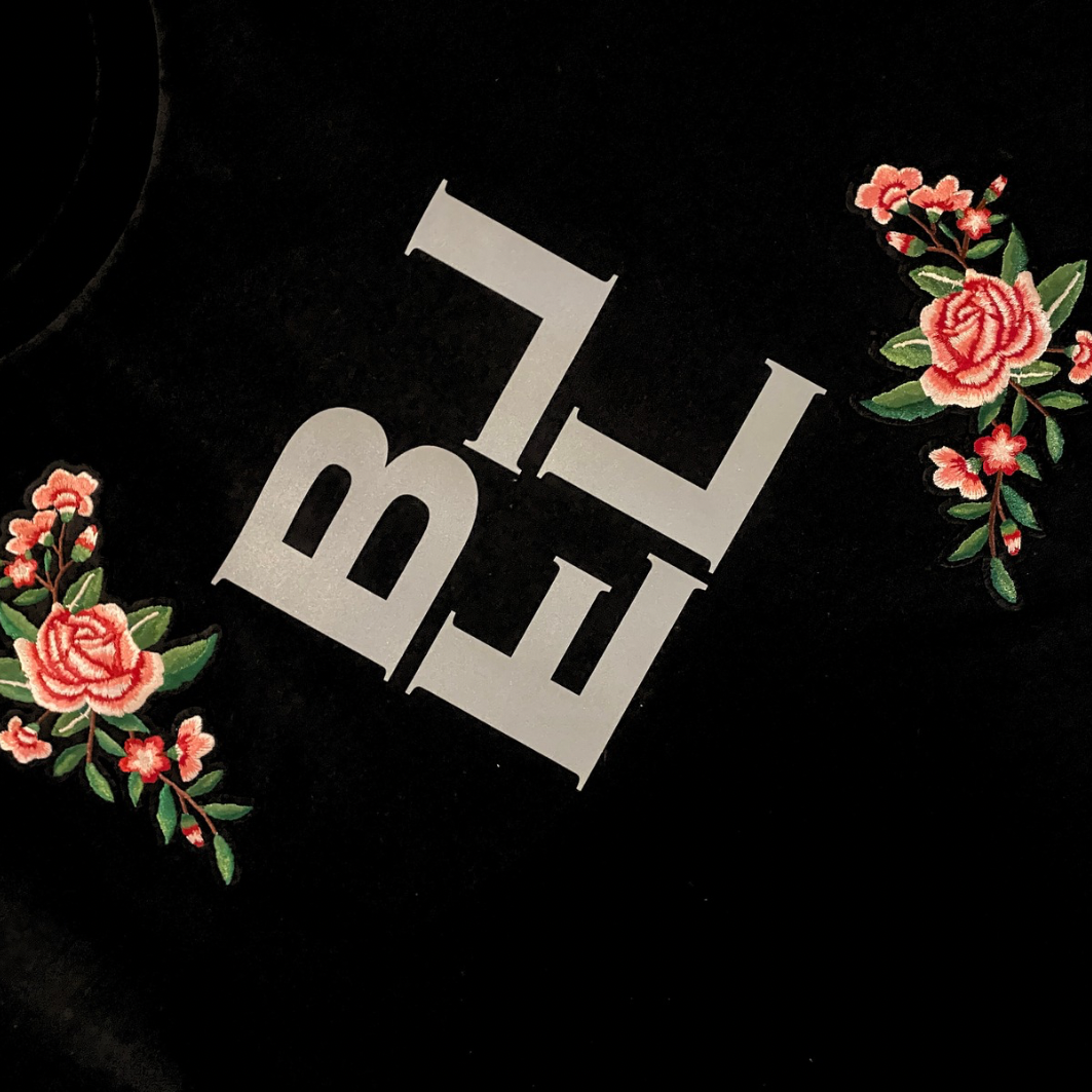 Black Flamingo Black Bouquet Embroidered Reflective T shirt