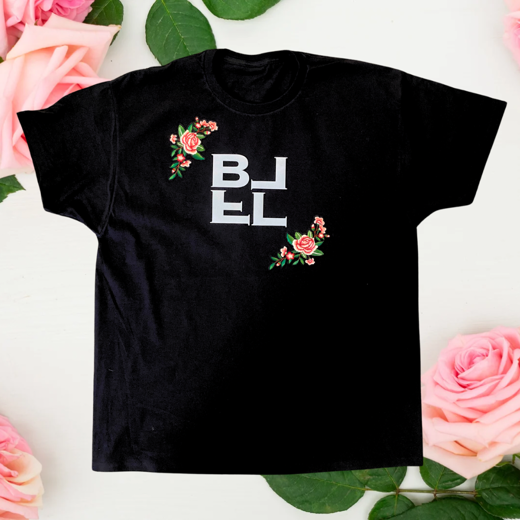 Black Flamingo Black Bouquet Embroidered Reflective T shirt